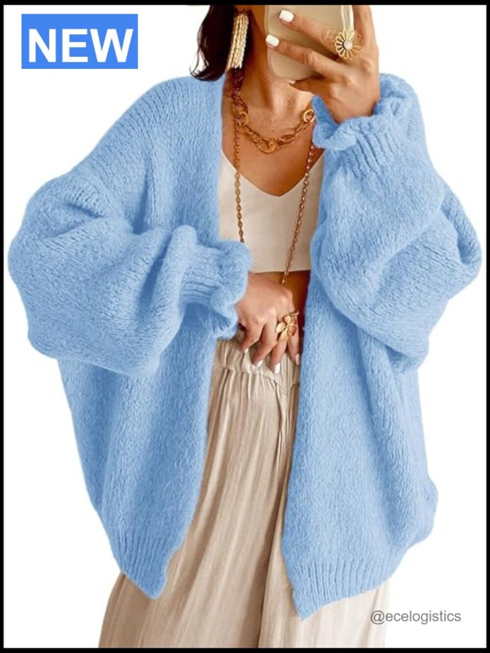 Oversized Open Front Cardigan Ruffle Lantern Sleeve Chunky Knit Loose Sweater